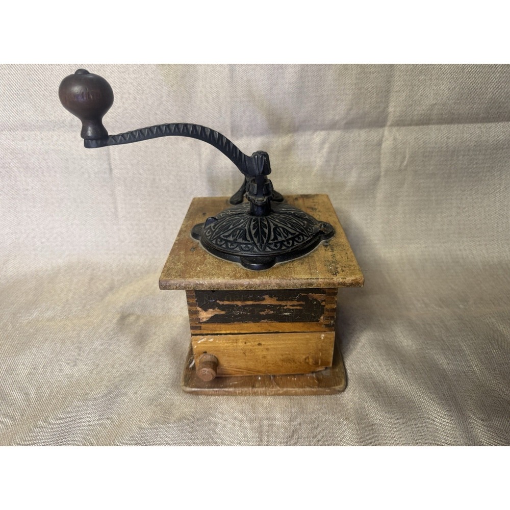 Antique Wooden Box Coffee Grinder Cast Iron Embossed Top Mill As Is